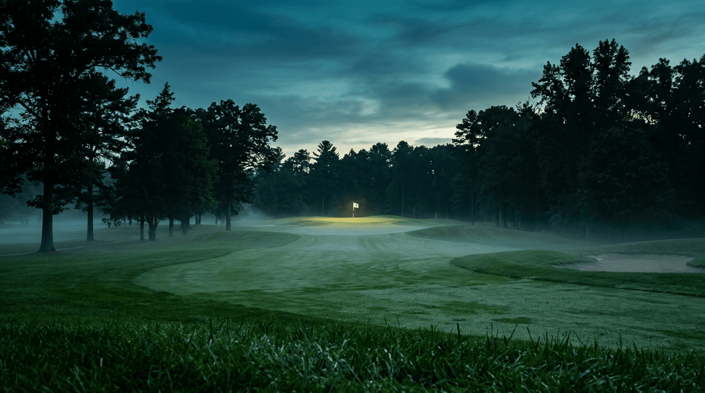 Golf course fairway at twilight