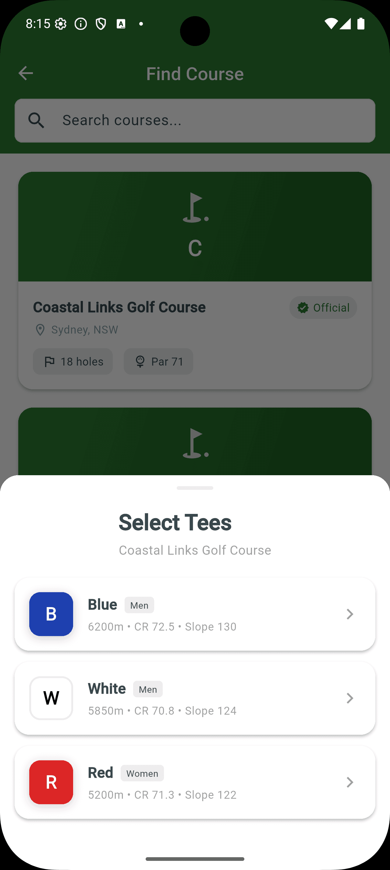 Find course and select tees