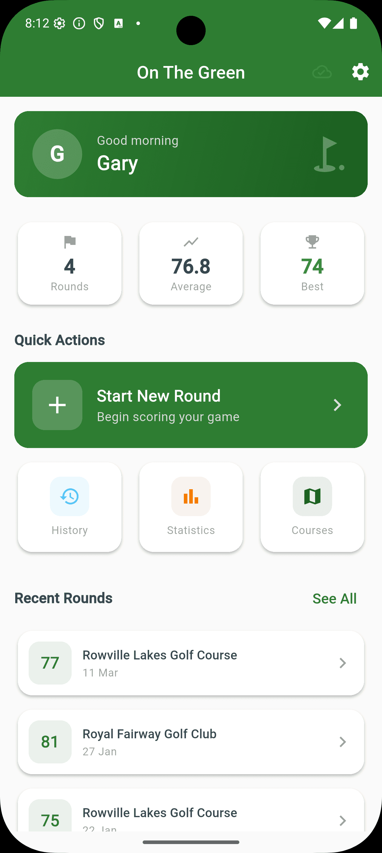 Home dashboard with recent rounds