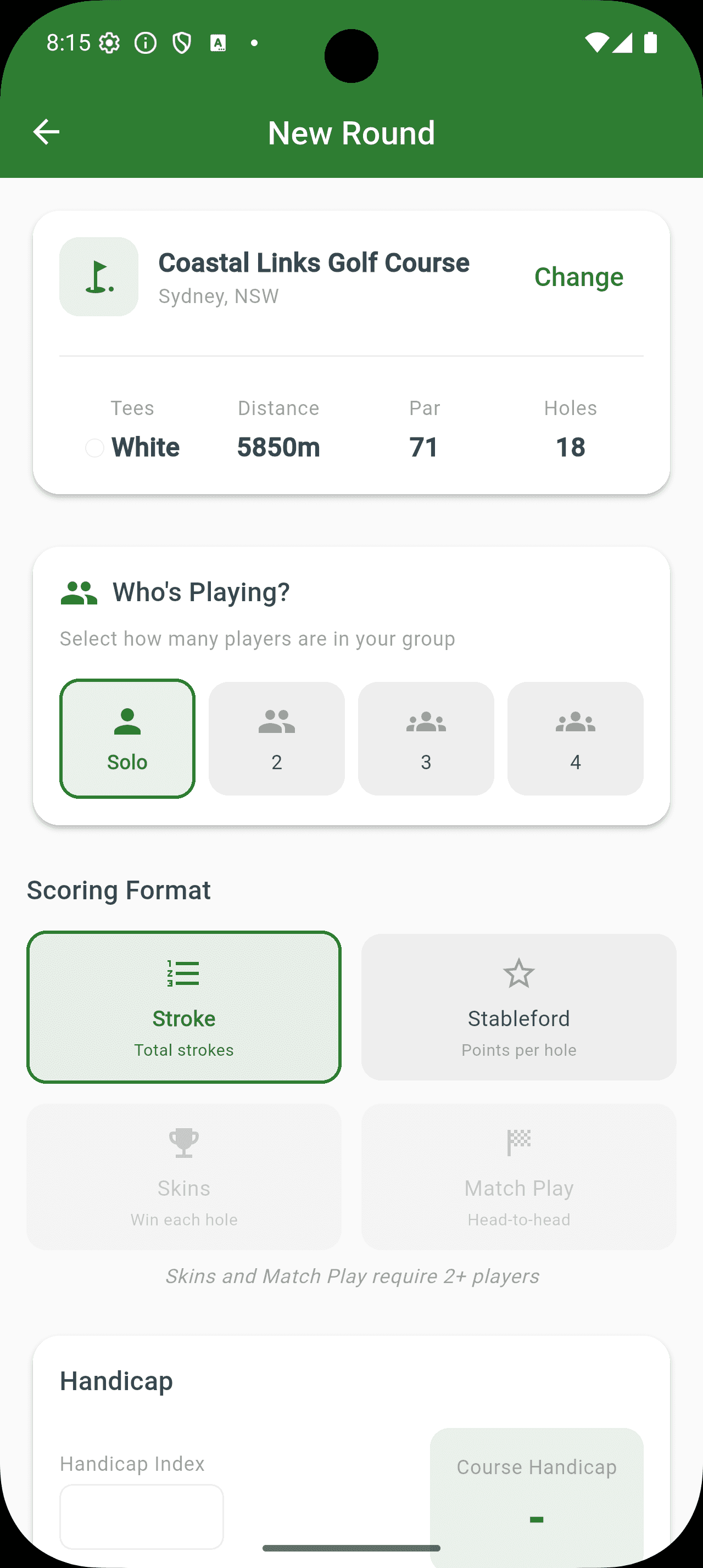 New round setup screen